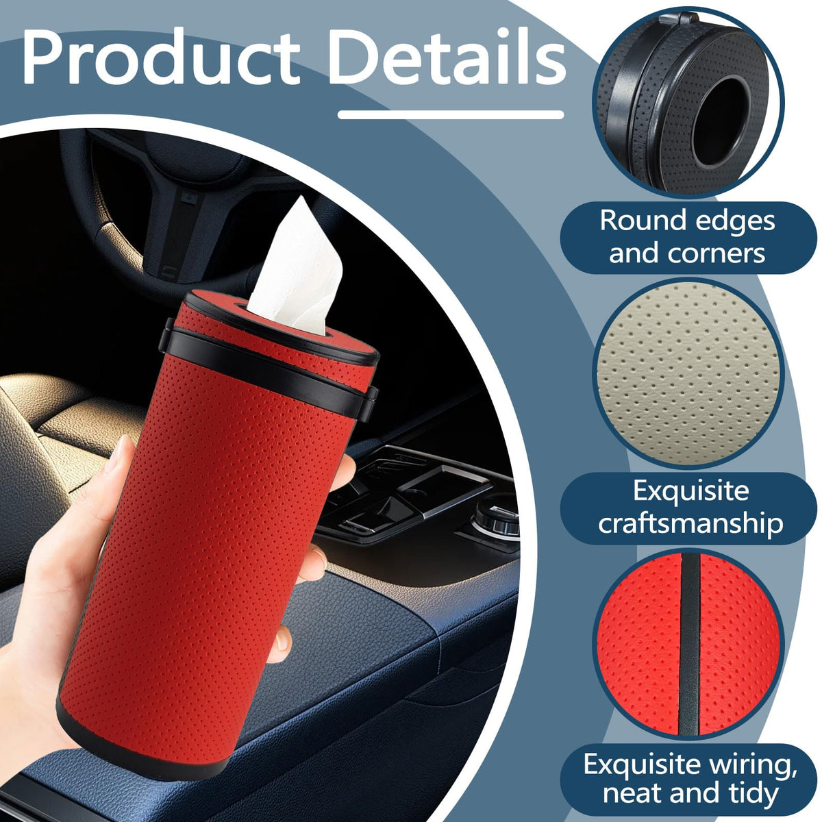 Thatyro 2 Pieces Leather Car Tissues Holder Cylinder with Window Breaker, Refillable Round Tissue Boxes for Car Cup Holder Container Fit Vehicle Home - image 3