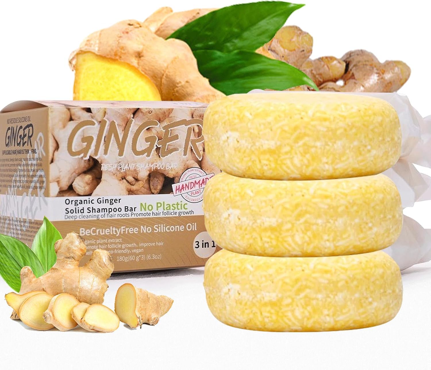 Ginger Hair Regrowth Shampoo Bar – 3PCS Organic Vegan Set