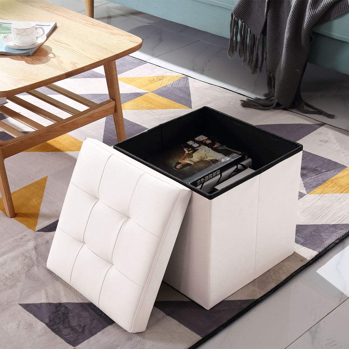 BRIAN & DANY Folding Ottoman Storage Box with Lid, Faux Leather Footstool Toy Storage Box Storage Seat 38 x 38 x 38 cm White