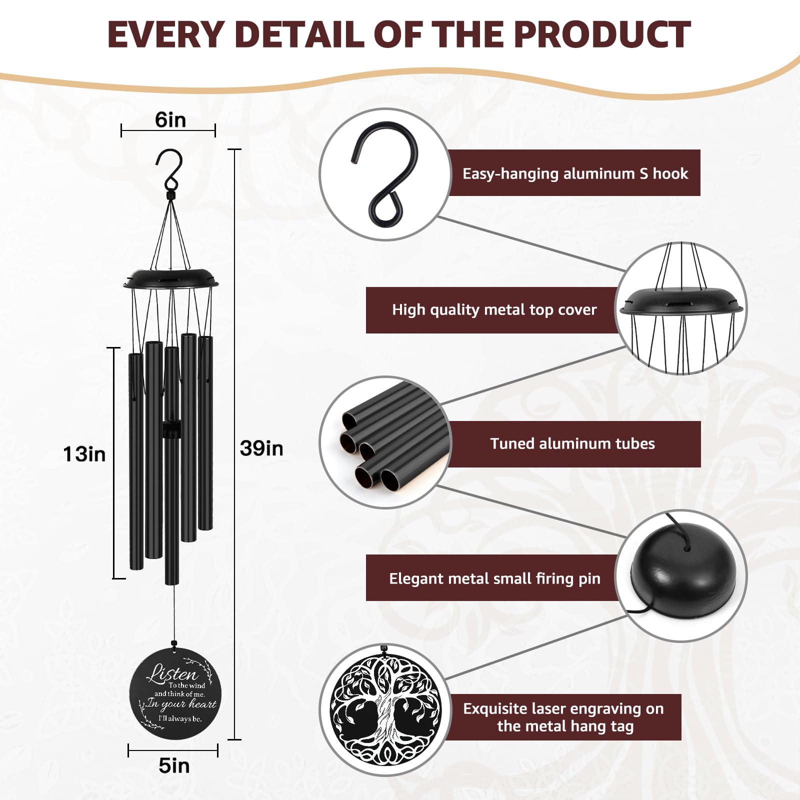 Jolof Store Sympathy Wind Chimes - 39 Inch Aluminum Tree of Life Memorial