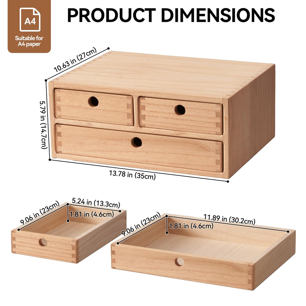 KIRIGEN Solid Wood Desktop Organizer | 3-Drawer Office Storage Cabinet