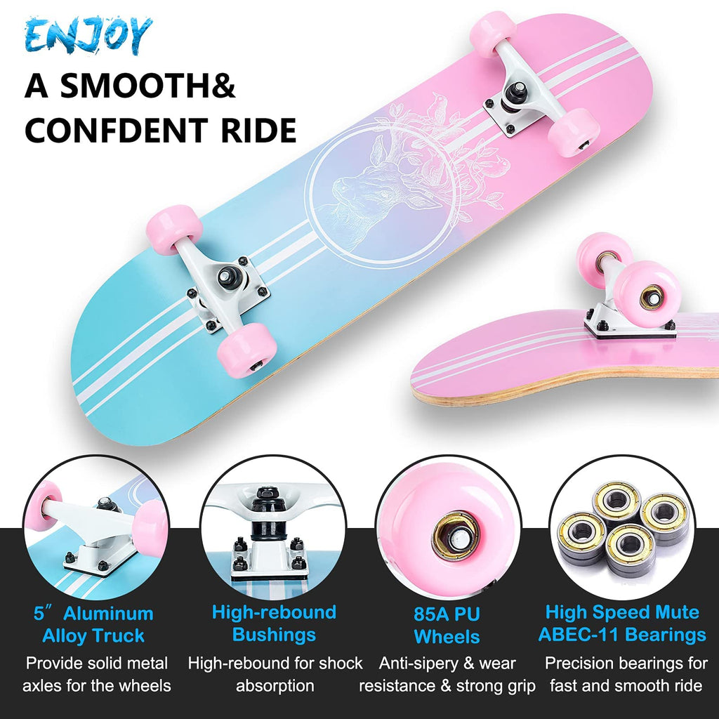 CLYCTIP Complete Skateboard | 31x8 Inch 8-Layer Maple Wood Deck - Pink