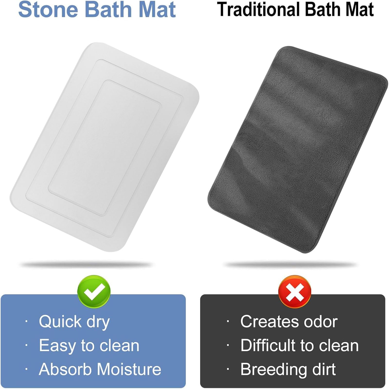 HUMIGA 2-Pack Diatomaceous Earth Stone Bath Mat – Non-Slip White, 24x15