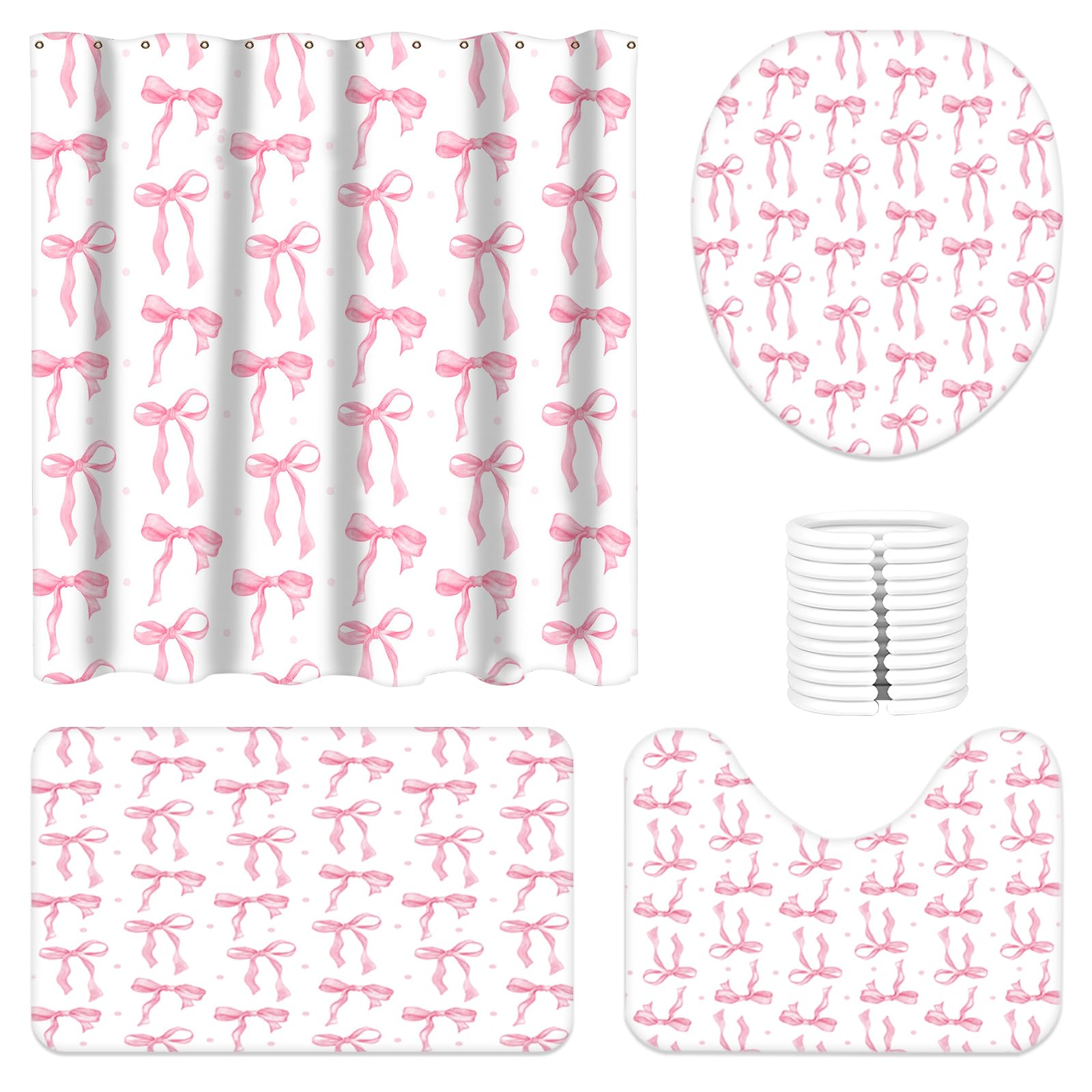 LuLobtg 4-Piece Bow Shower Curtain Set | Non-Slip Rugs & Toilet Lid Cover