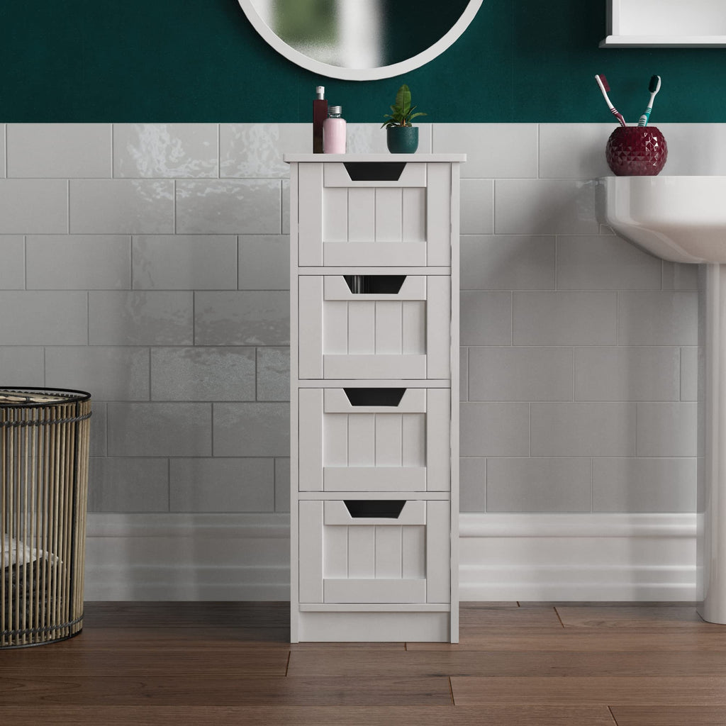 Bath Vida 4-Drawer White Bathroom Storage Cabinet – Wood Floor Unit