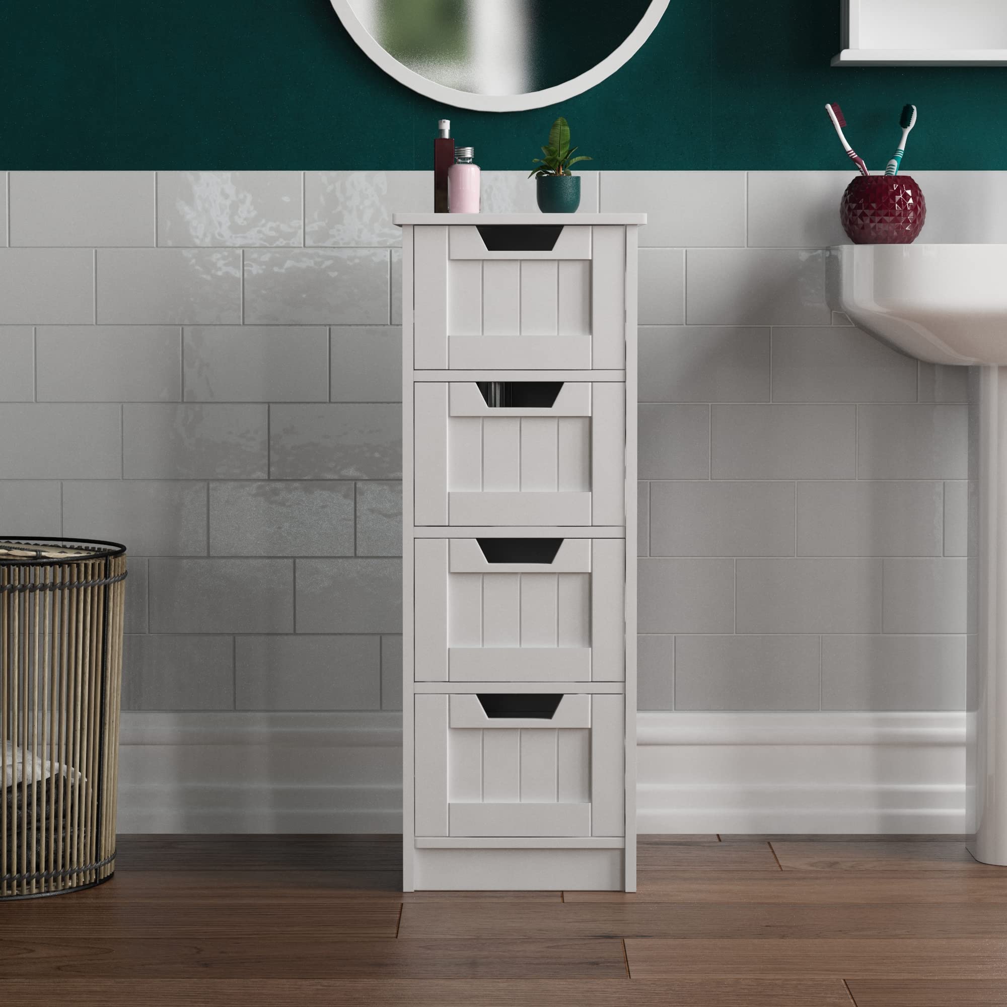 Bath Vida 4-Drawer White Bathroom Storage Cabinet – Wood Floor Unit