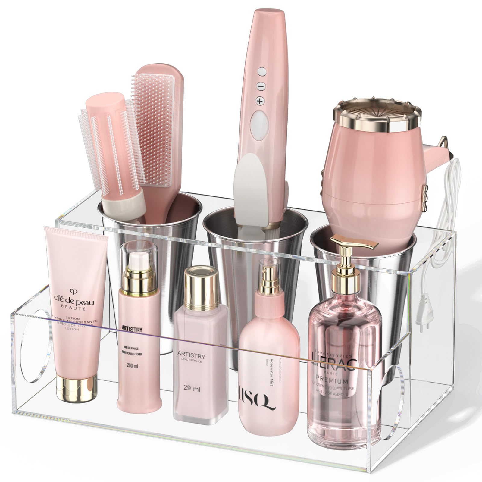 NIUBEE Acrylic Hair Tool Organizer | 3 Steel Cup Hot Tool Holder & Caddy