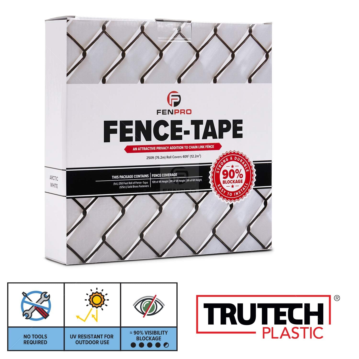 Fenpro Chain Link Privacy Fence Tape – Arctic White 250ft Roll with Fasteners