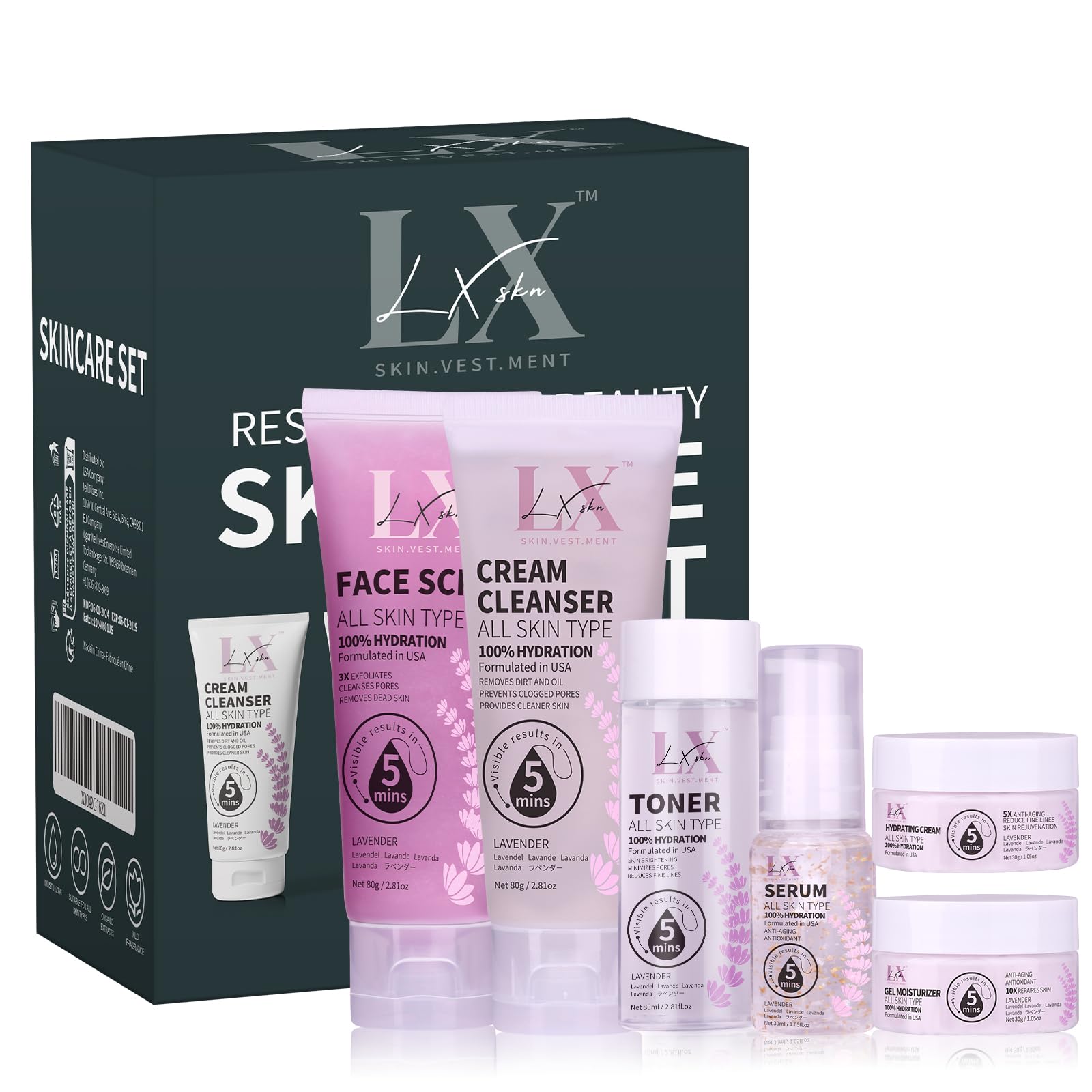 LXSKN 6-Step Skin Care Set | Anti-Aging Cleanser, Scrub & Moisturizer