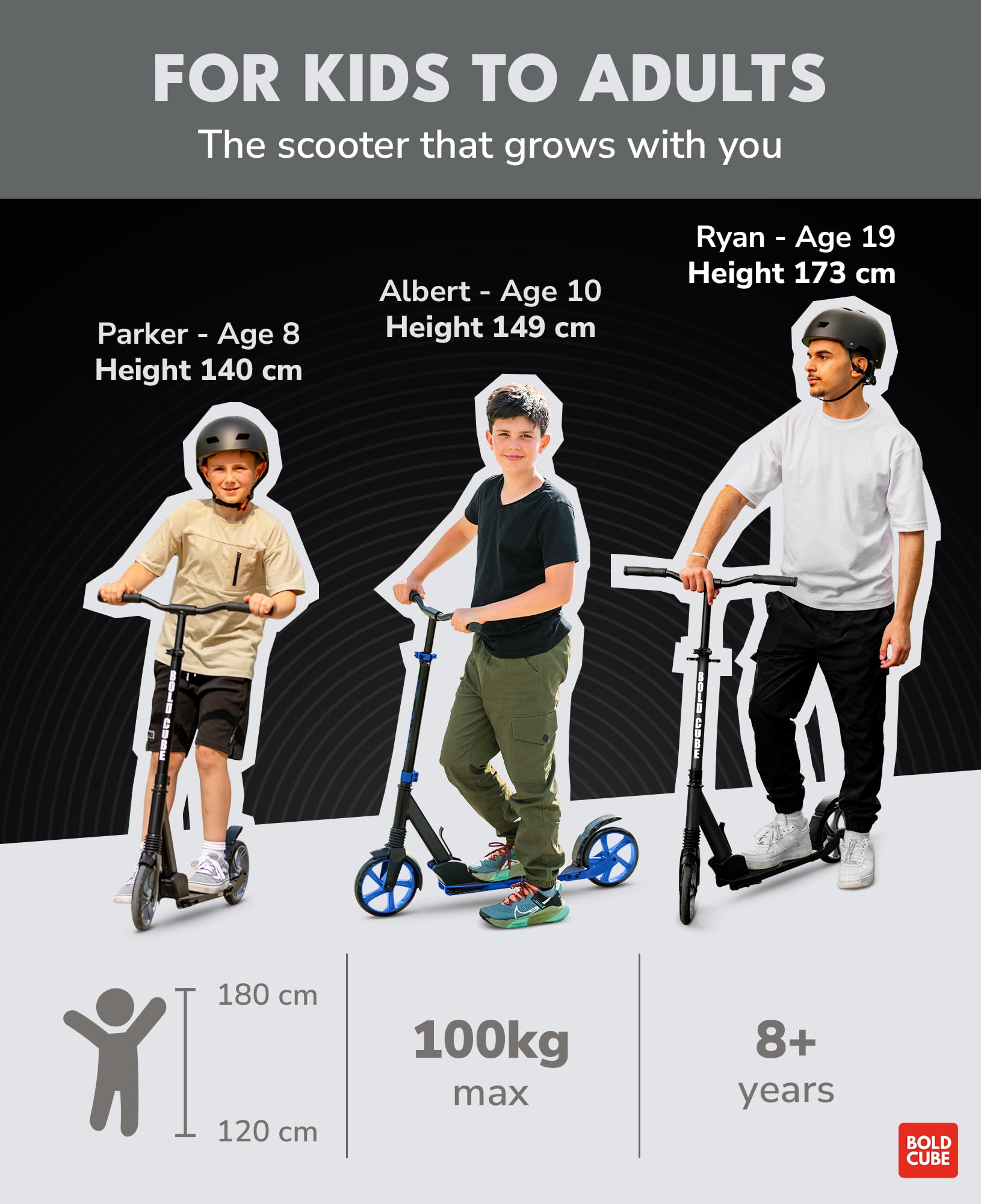 BOLDCUBE Big 2 Wheel Scooter - Foldable Commuter for Kids & Teens - Charcoal