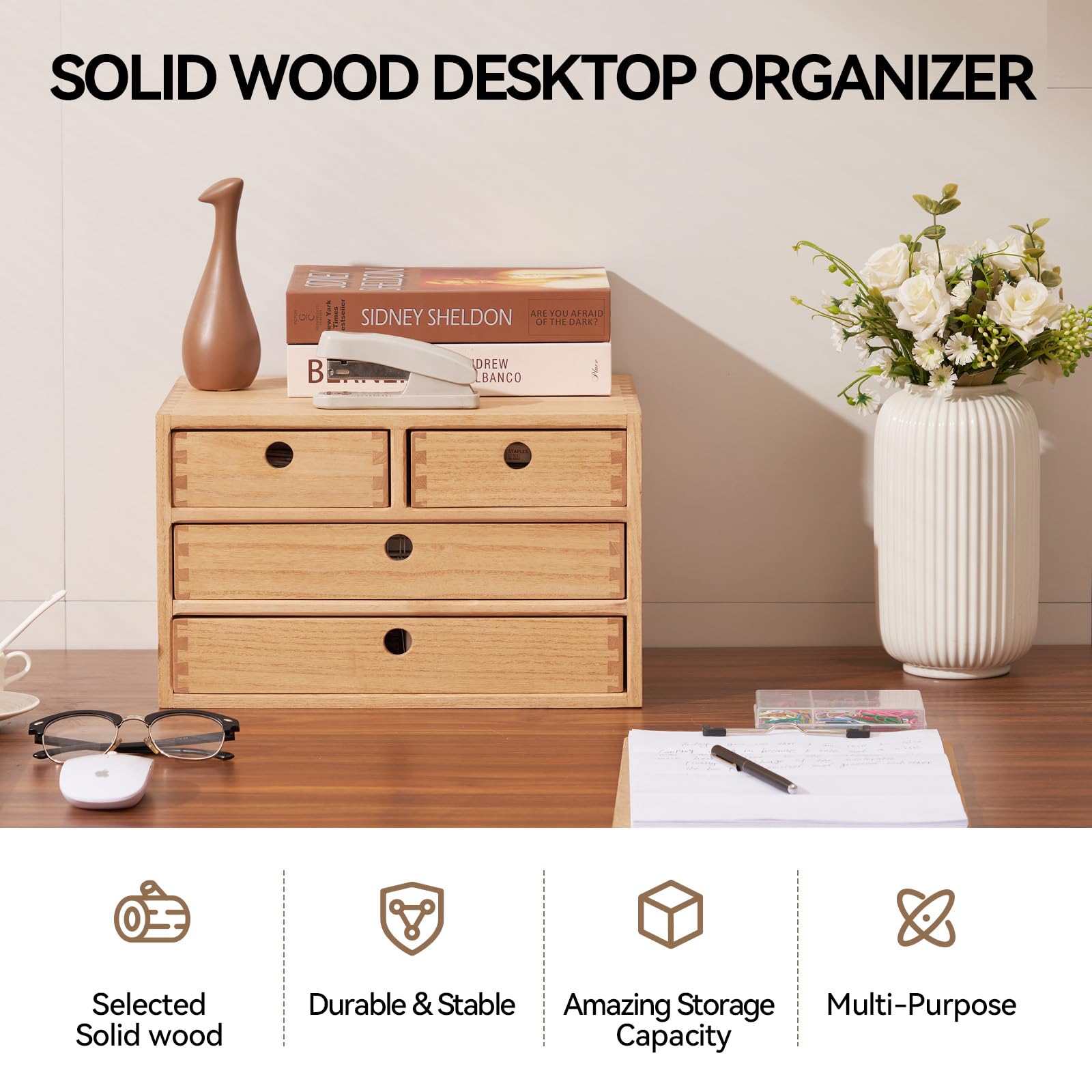 KIGIREN Wooden Desktop Organizer | 4-Drawer Solid Wood Office Storage Box