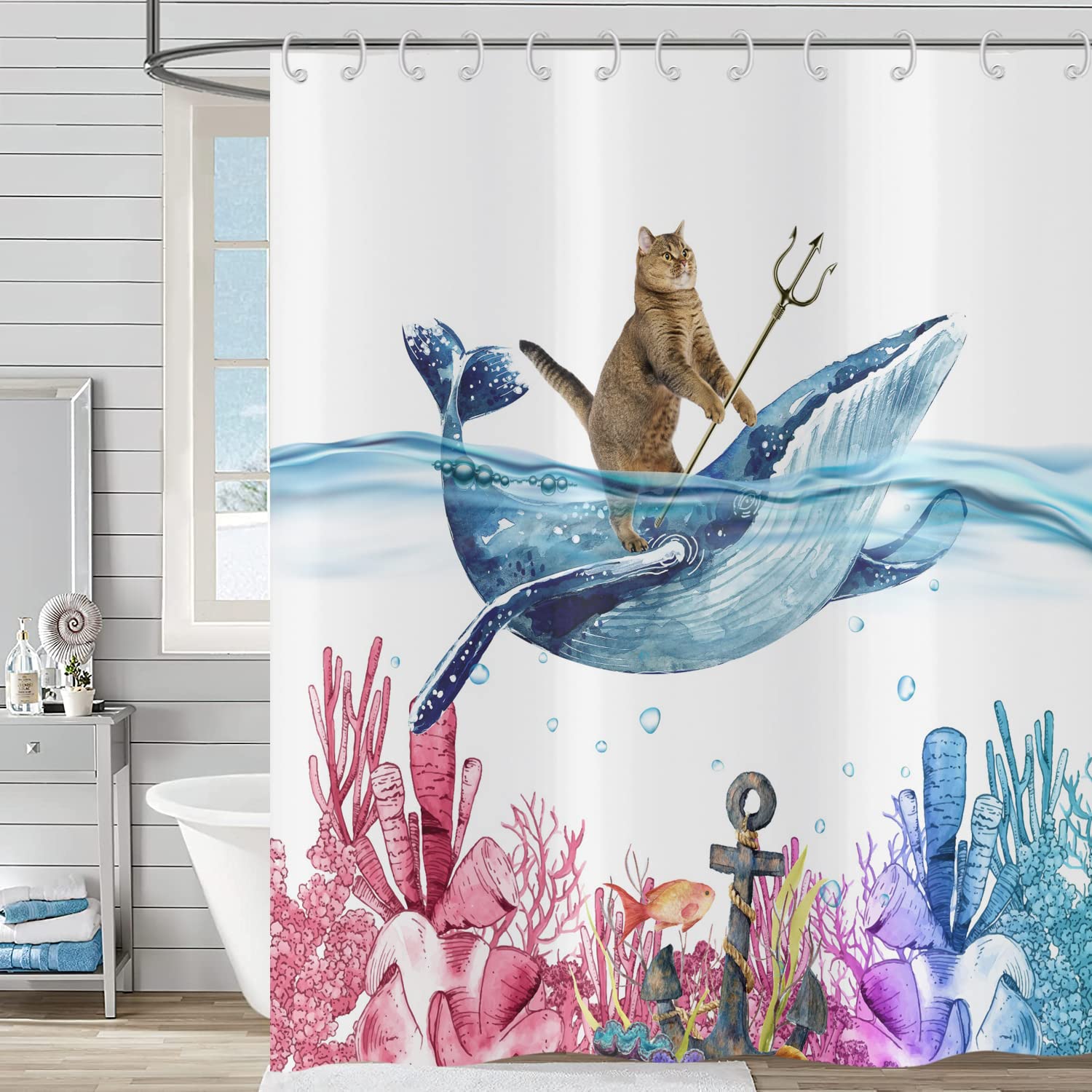 Hnmdmyi Funny Cat Riding Whale Shower Curtain | Waterproof Polyester, 71x71"