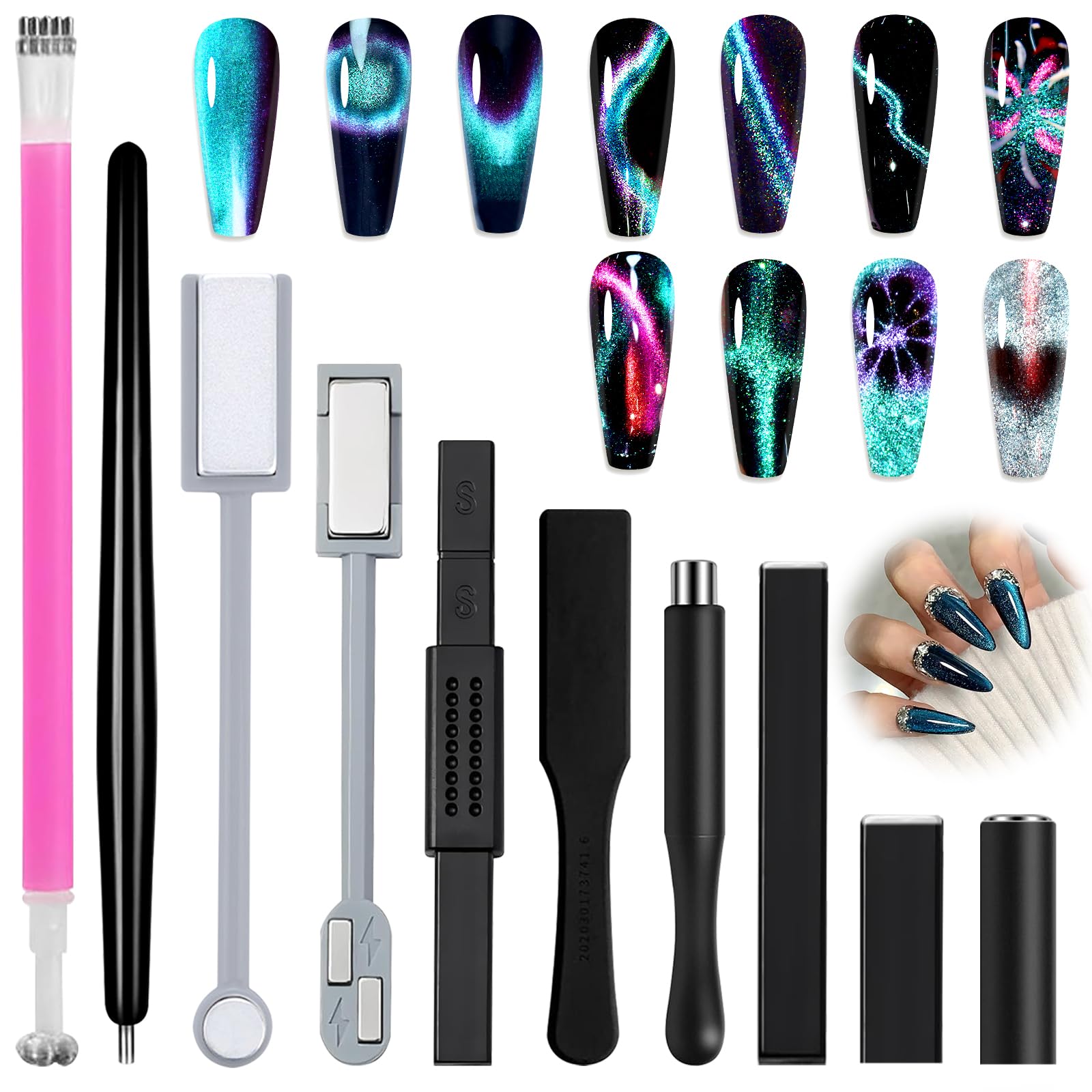 Allstarry 10pcs Cat Eye Nail Magnet Tool Set – Strong Suction Wand & Pen