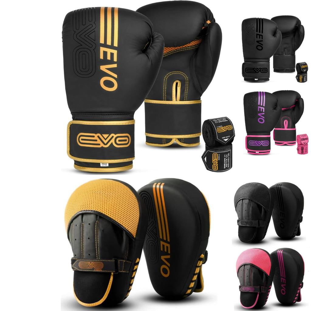 EVO Fitness Matte Black Boxing Gloves and Pads Set | Faux Leather MMA Gear