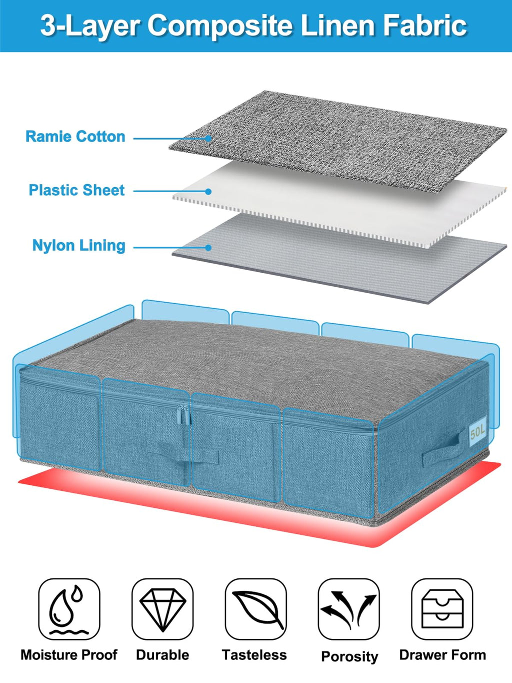 JUPELI 50L Under Bed Storage Boxes with Lids, 2 Pack, Grey - image 2