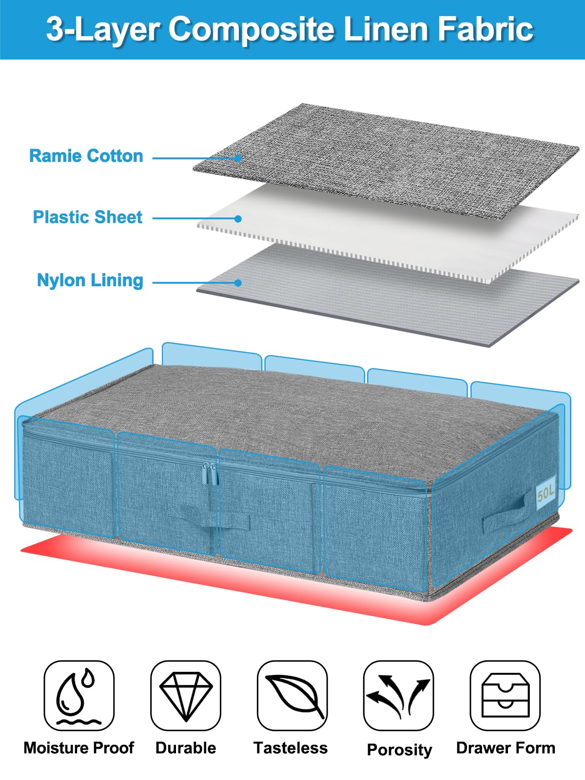 JUPELI 50L Under Bed Storage Boxes with Lids, 2 Pack, Grey - image 2