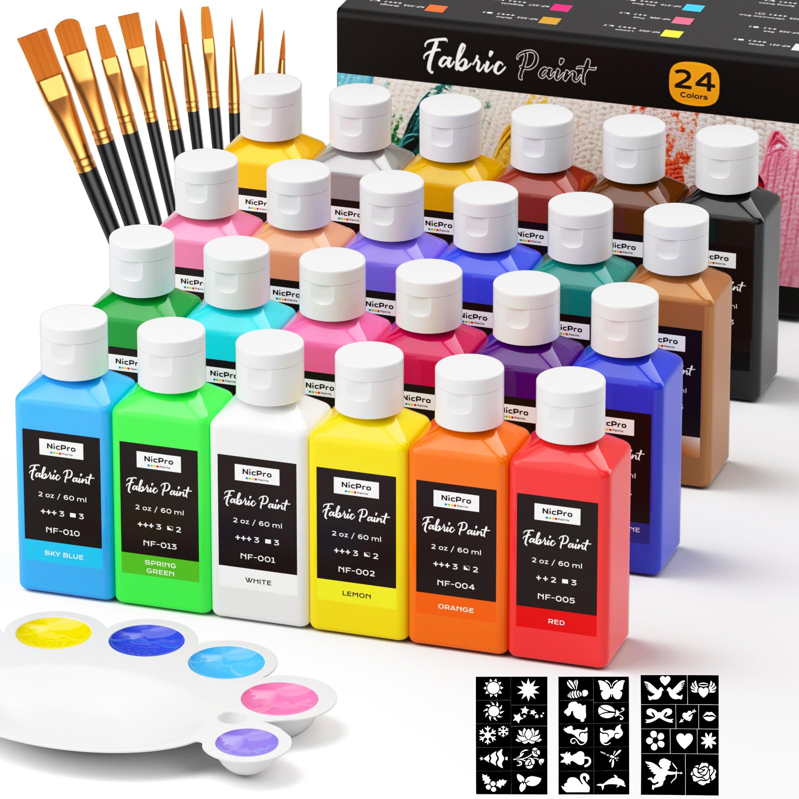 Nicpro 24 Colors Fabric Paint Set - Permanent Textile Paint with Brushes