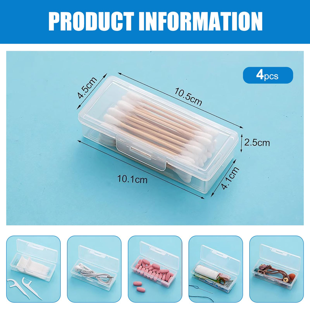 4PCS Transparent Cotton Swab Holder for Travel, Portable Refillable Plastic Storage Box with Lid - Dustproof Dispenser for Cotton Buds, Toothpicks - image 3