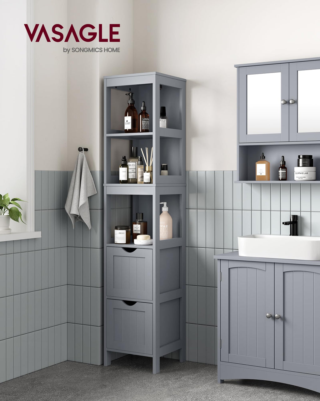 VASAGLE Modern Bathroom Floor Cabinet – White Storage Unit with 2 Drawers
