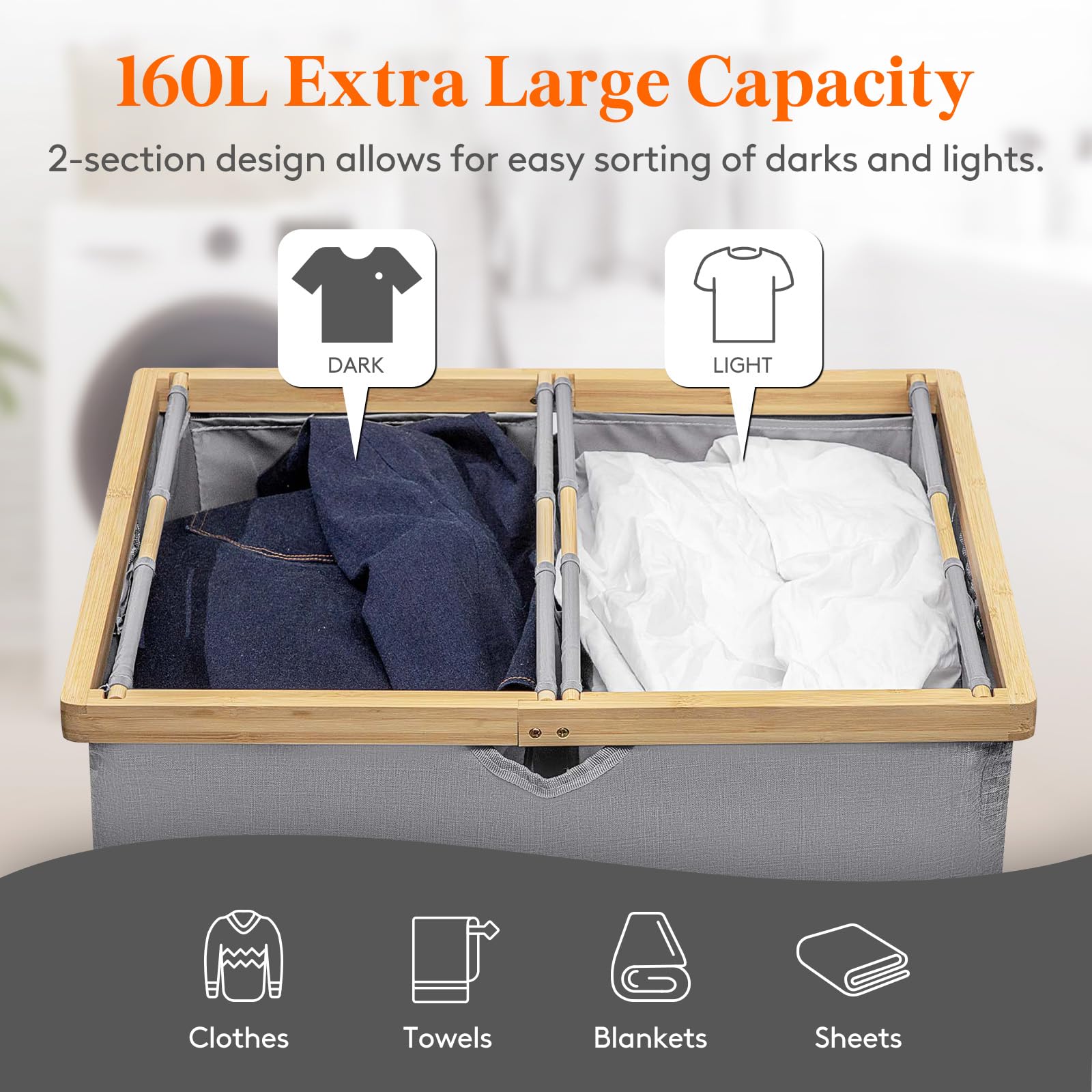 Lifewit 160L Bamboo Laundry Basket with Lid | 2-Section Folding Hamper