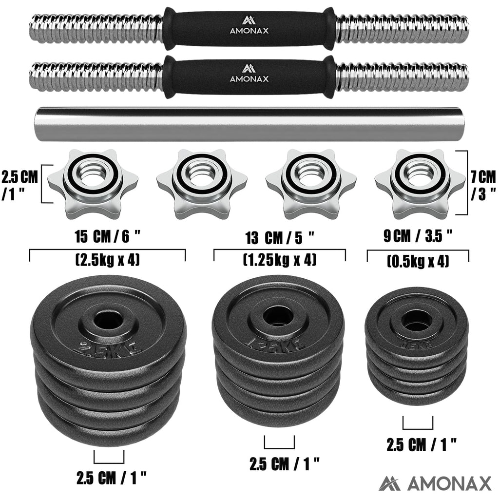 Amonax 20kg Cast Iron Adjustable Dumbbells & Barbell Set for Home Gym