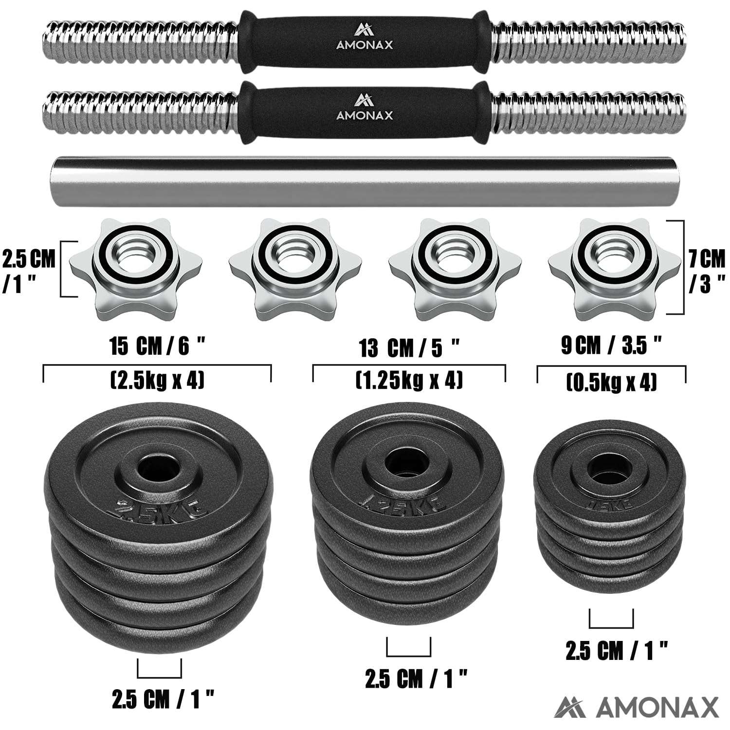 Amonax 20kg Cast Iron Adjustable Dumbbells & Barbell Set for Home Gym