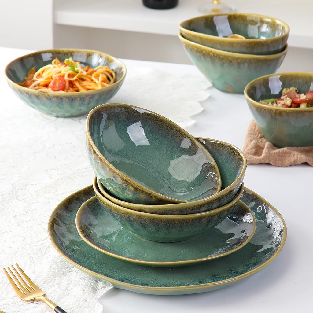 Henten Home Ceramic Cereal Bowls – 25oz Retro Green Stoneware Set of 4