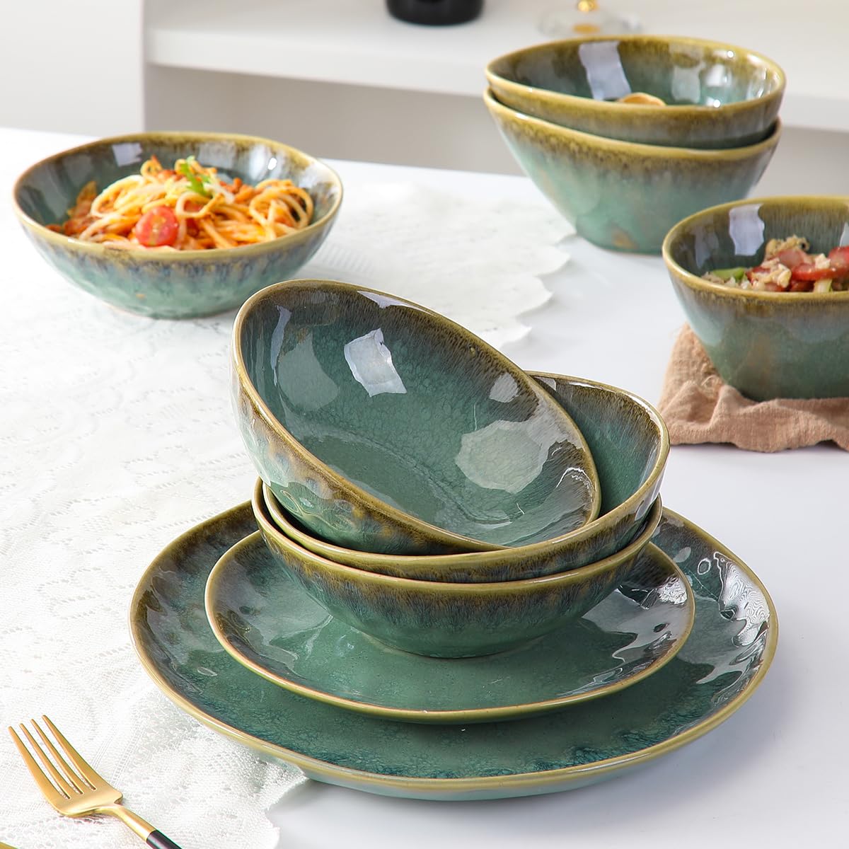 Henten Home Ceramic Cereal Bowls – 25oz Retro Green Stoneware Set of 4