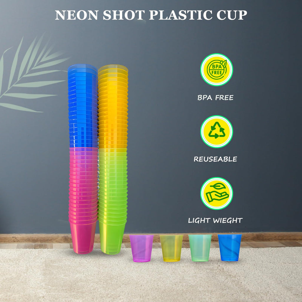 Jolof Store 1600 Neon Plastic Shot Glasses - 30ml Reusable Party Cups
