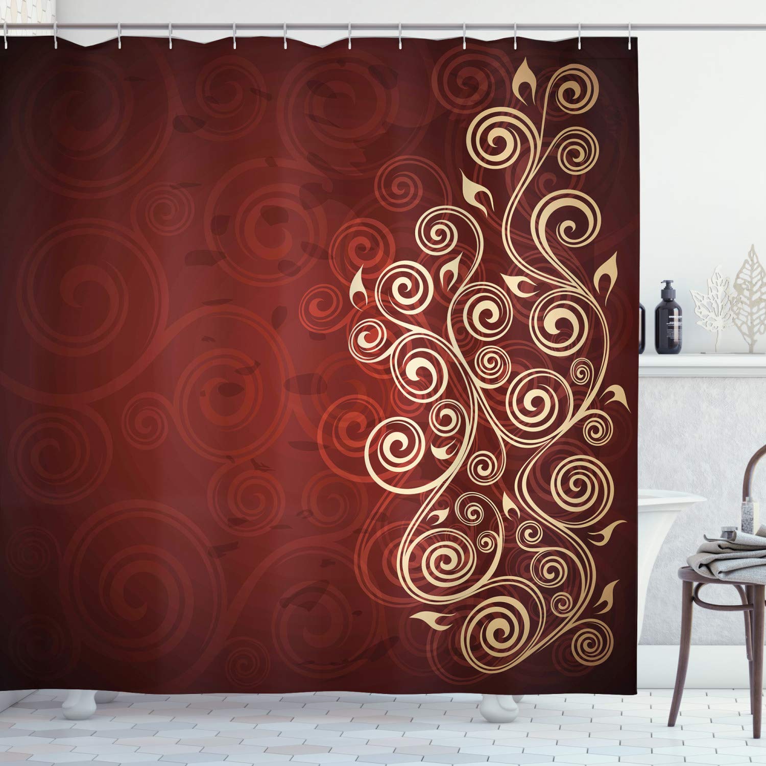 ABAKUHAUS Floral Shower Curtain – Burgundy Ombre Waterproof Fabric
