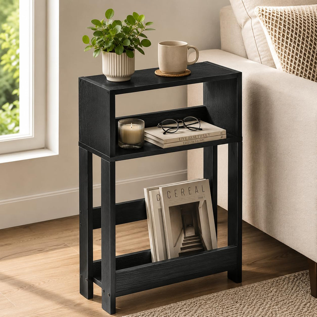 ZEXVIDA Narrow Side Table with Storage Shelf, 3-Tier Slim End Table & Nightstand for Bedroom, Living Room, Sofa Side Table for Small Spaces Black