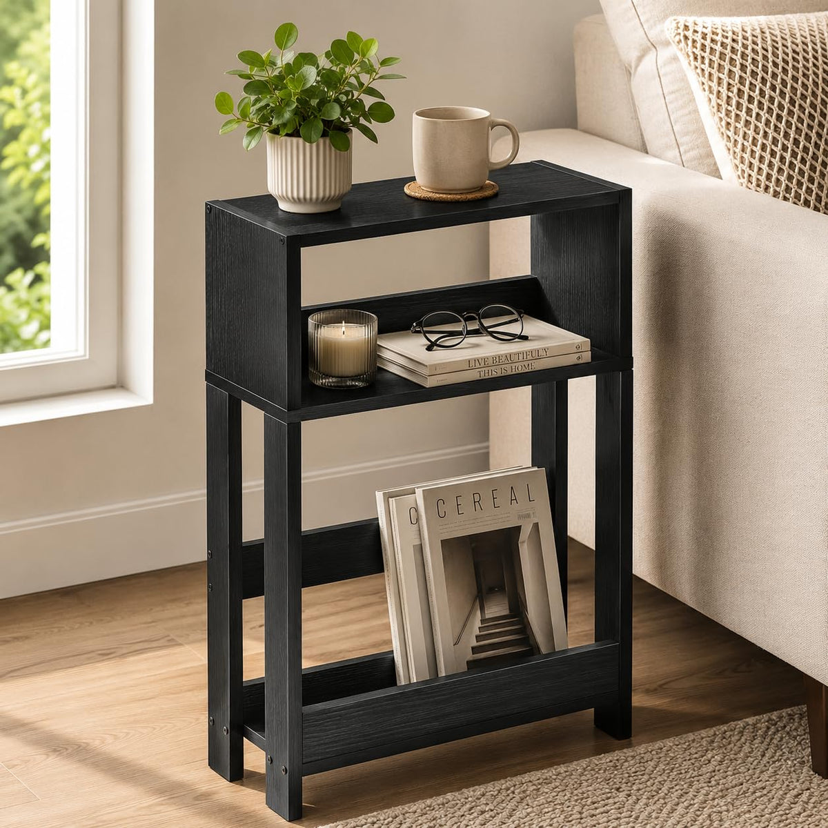 ZEXVIDA Narrow Side Table with Storage Shelf, 3-Tier Slim End Table & Nightstand for Bedroom, Living Room, Sofa Side Table for Small Spaces Black