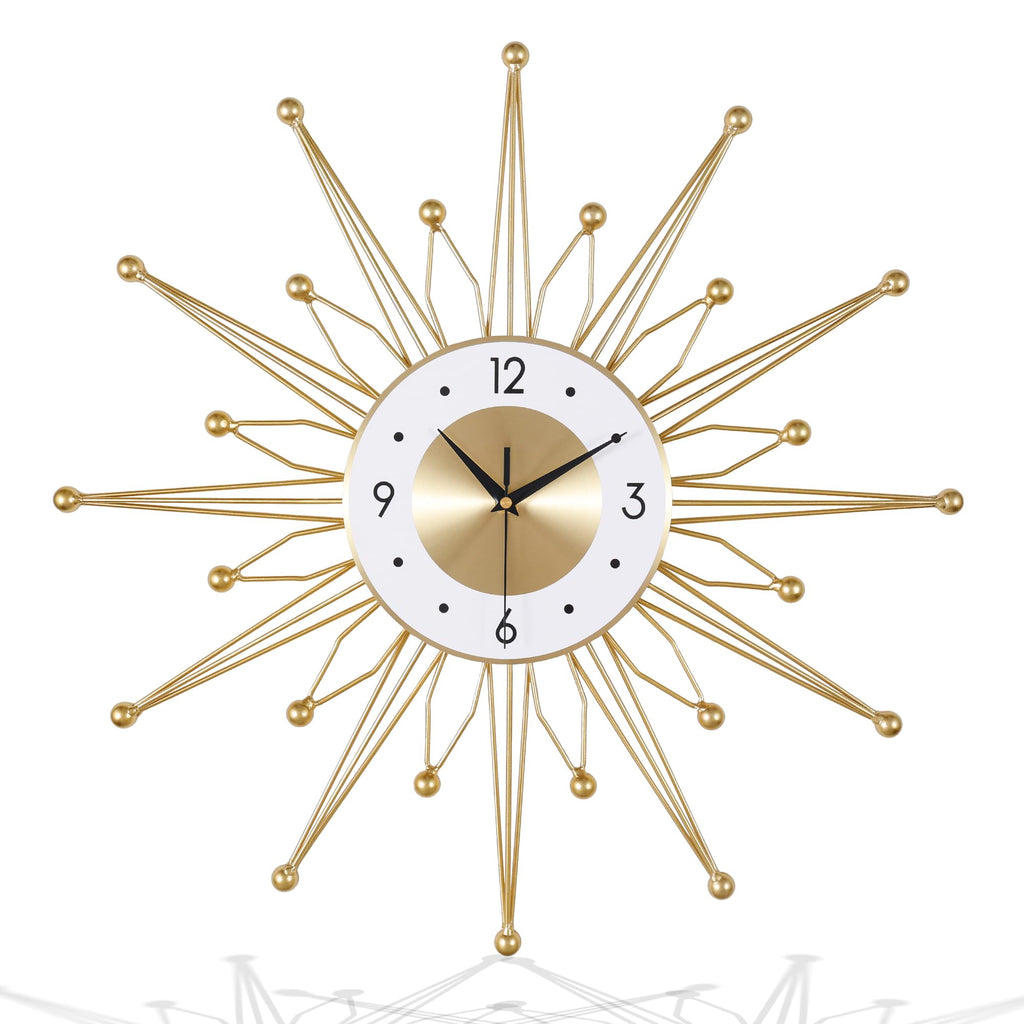Lafocuse 23 Inch Gold Sunburst Wall Clock | Silent Mid Century Metal Decor