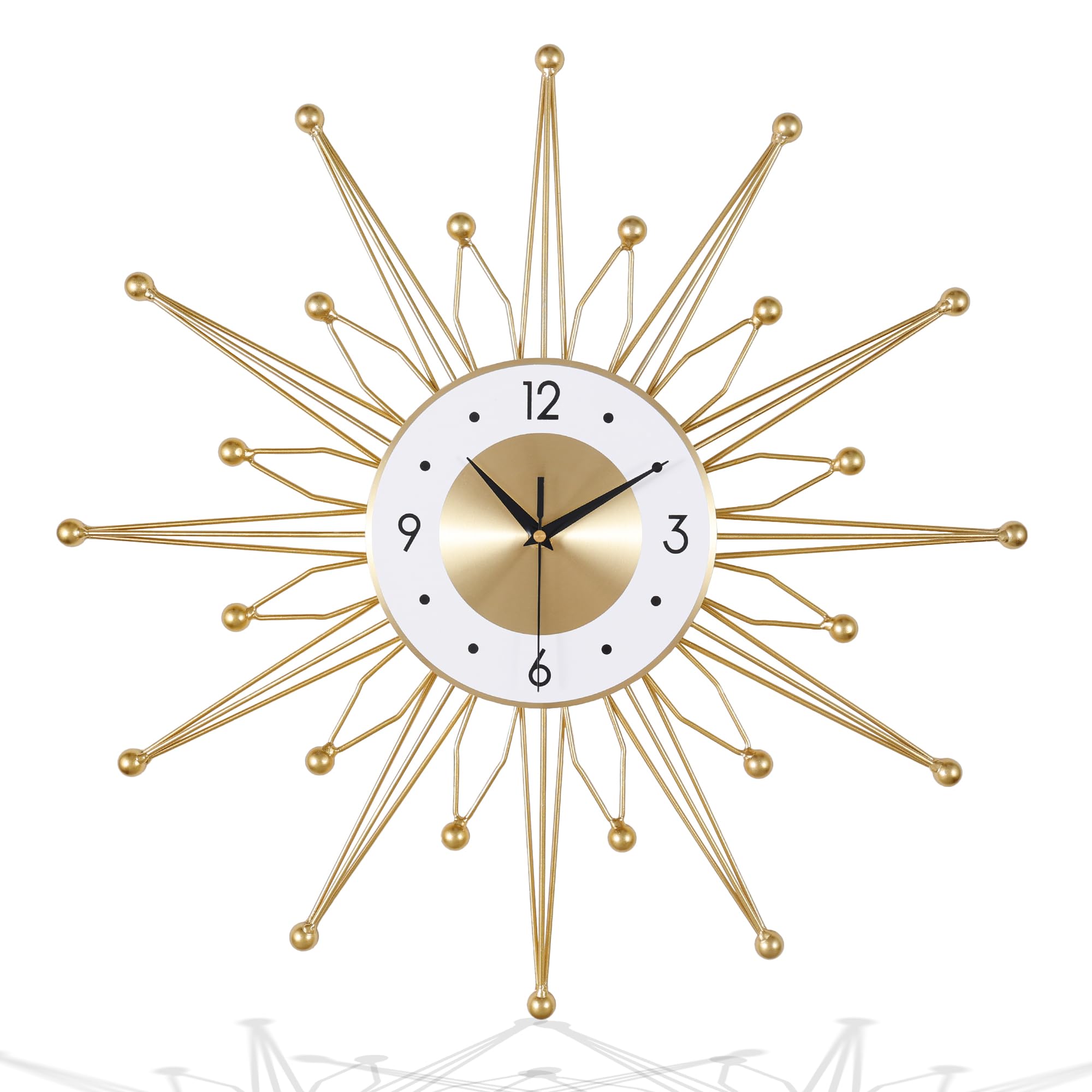 Lafocuse 23 Inch Gold Sunburst Wall Clock | Silent Mid Century Metal Decor