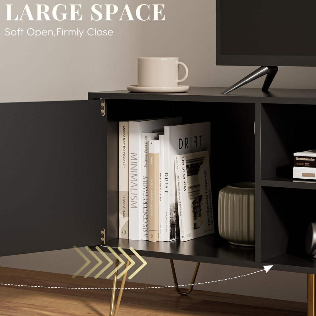 HEYZOEY Black Fluted TV Stand, 2 Cabinets, Gold Legs, for TVs up to 65 in - image 3