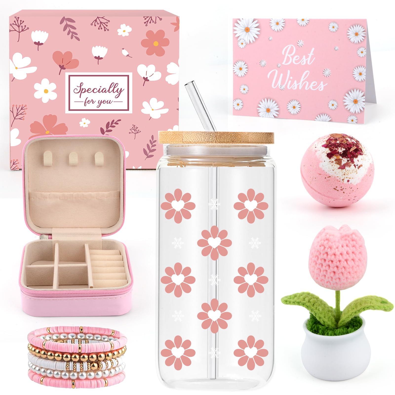 Daisy Glass Cup Gift Basket for Teen Girls with Jewelry Box