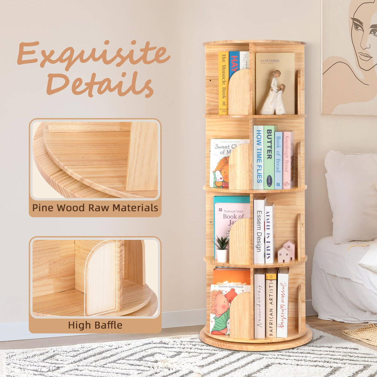 OOOK Wooden Rotating Bookshelf, 4-Tier 360° Spinning Solid Wood Revolving Bookcase, Space-Saving Floor Standing Spinning Bookshelf for Study Room - image 4