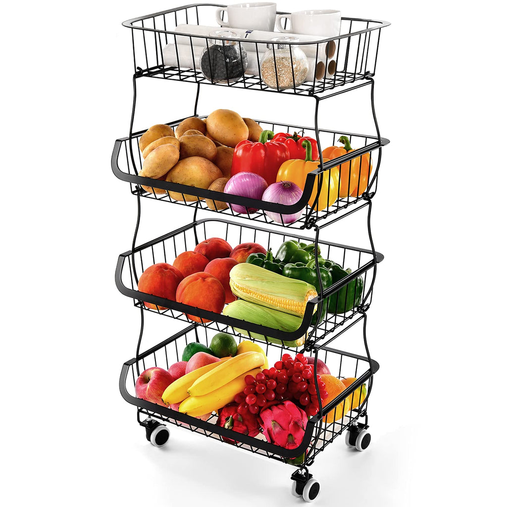 Jolof Store 4-Tier Stackable Metal Wire Fruit Basket on Wheels