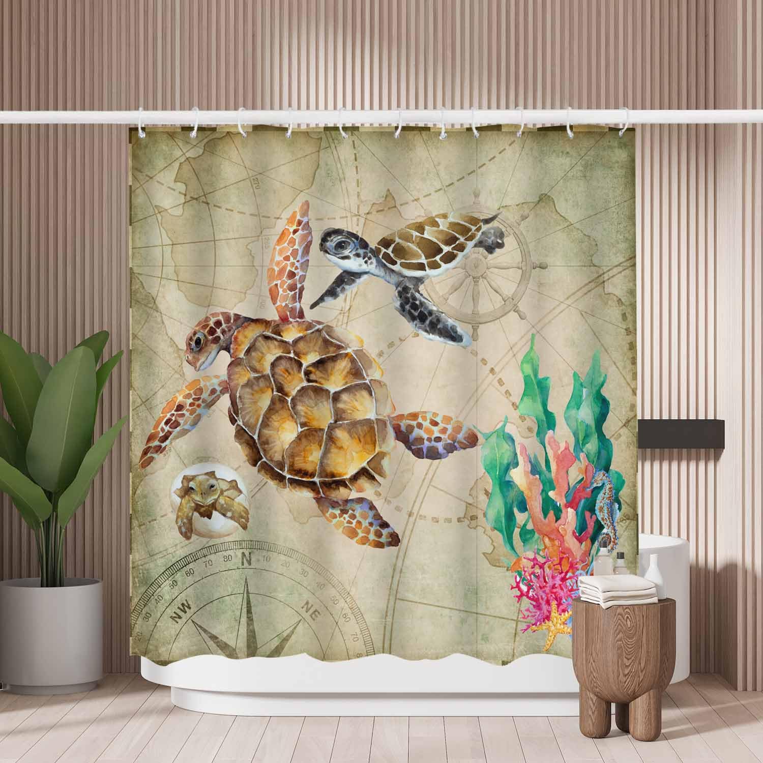 Sea Turtle Pirate Map Shower Curtain | Waterproof Polyester
