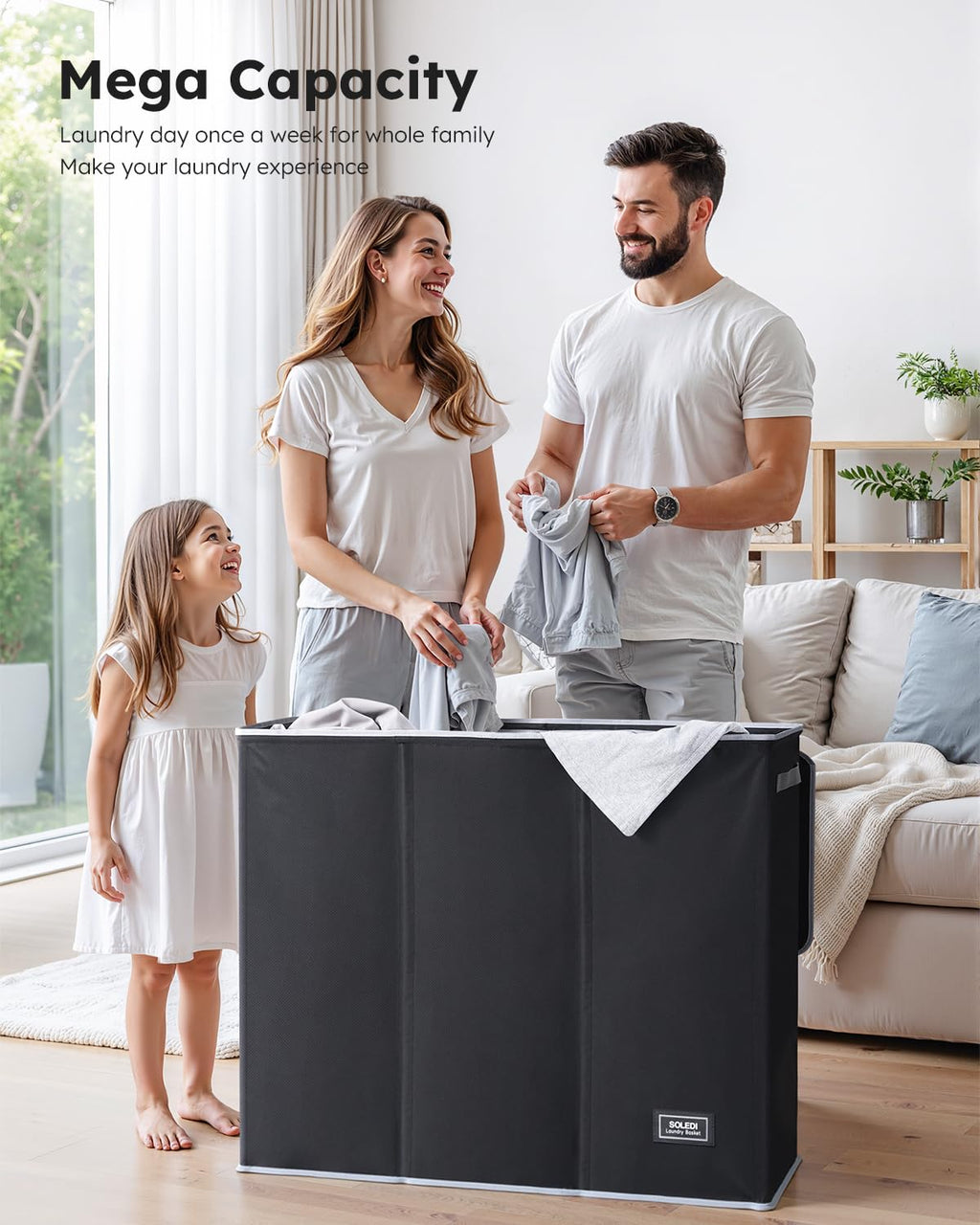 SOLEDI 160L 3-Section Laundry Hamper with Lid | Large Collapsible Sorter
