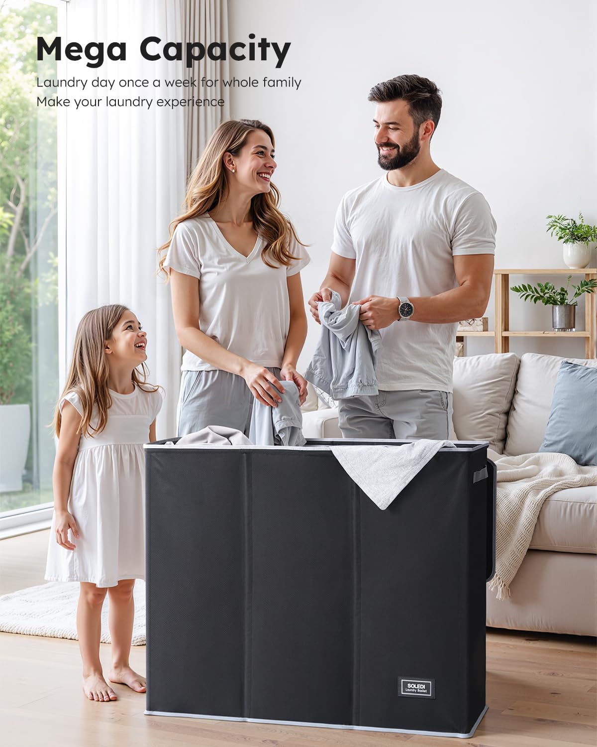 SOLEDI 160L 3-Section Laundry Hamper with Lid | Large Collapsible Sorter