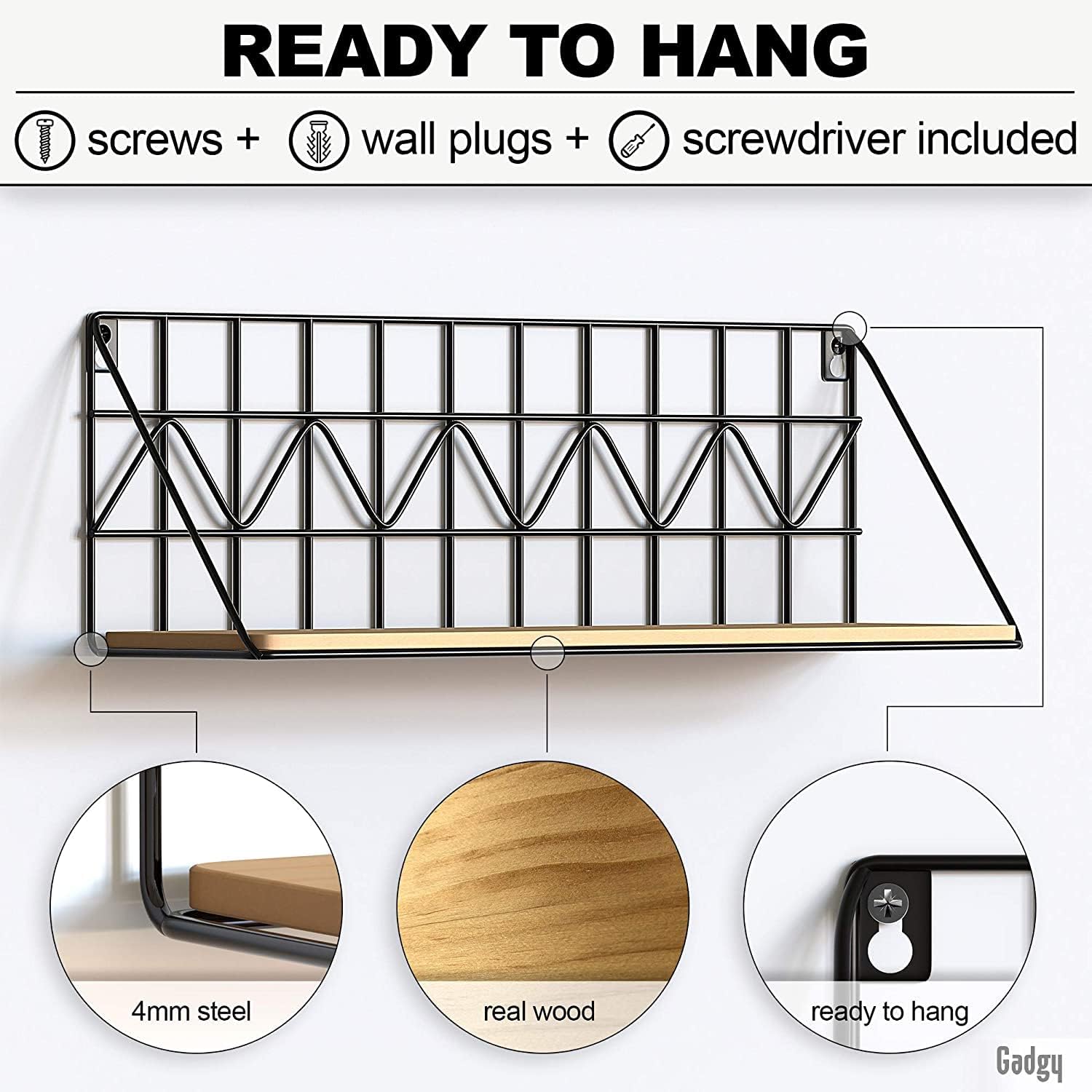 Gadgy Floating Wall Shelves – 2-Piece Rustic Wood & Black Metal Set