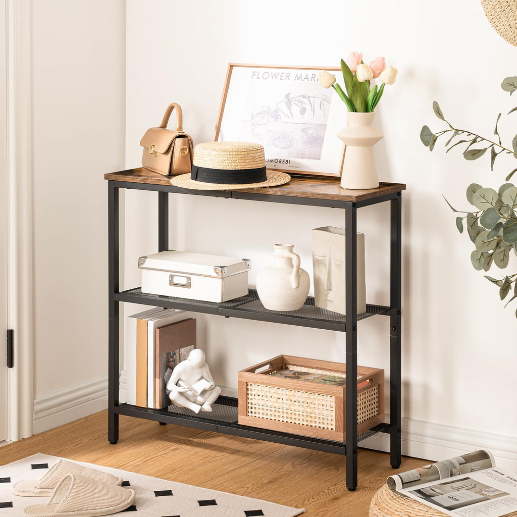 HOOBRO Slim Console Table – 3-Tier Industrial Entryway Table, Rustic Brown