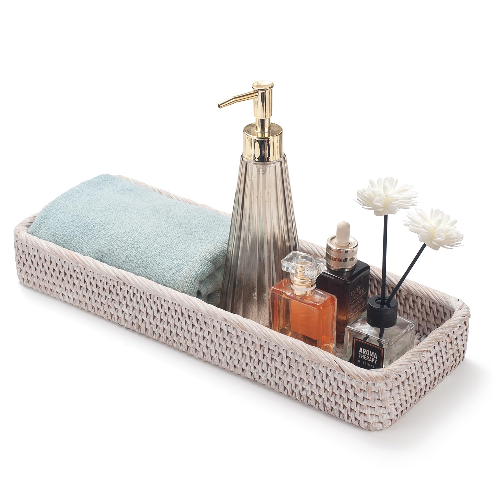 Jolof Store Handwoven Rattan Bathroom Vanity Tray – Whitewash, 16.3 Inch