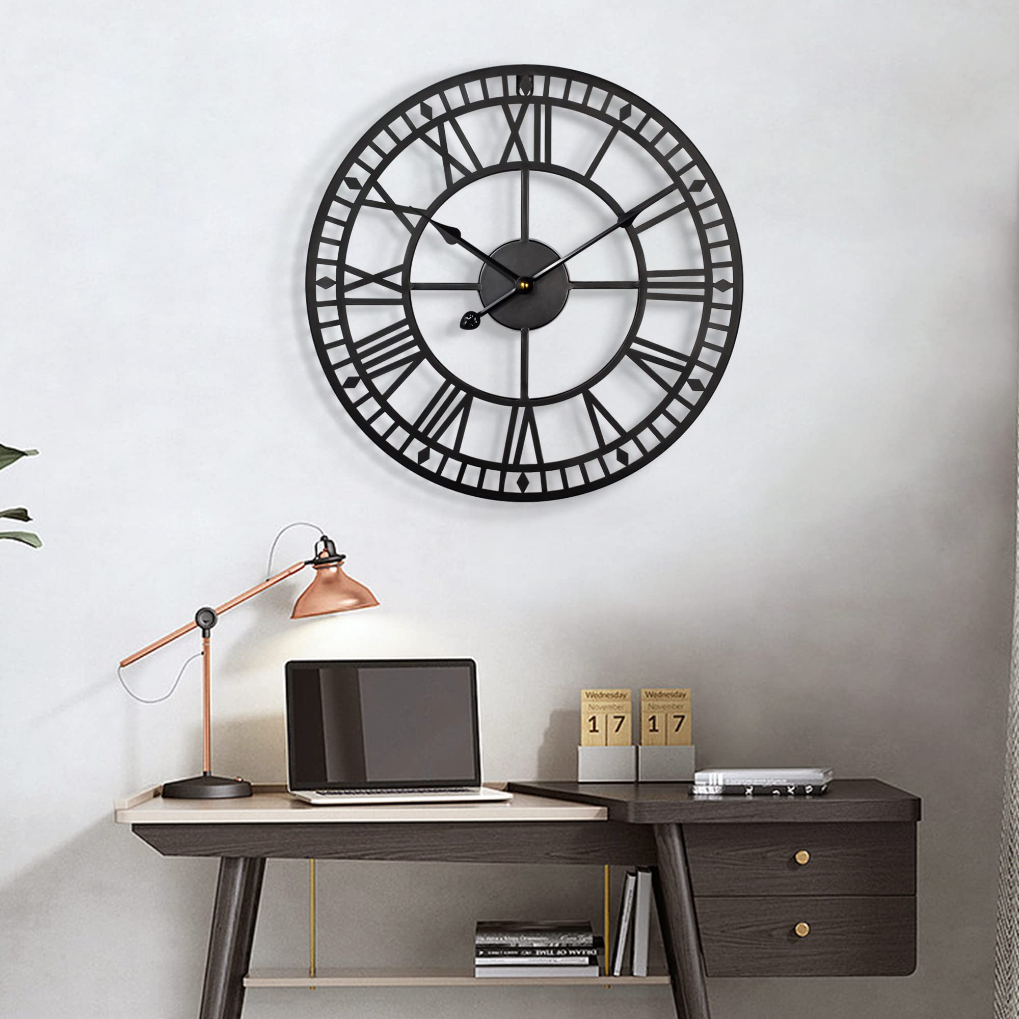 HAITANG Large Metal Wall Clock – 60cm Silent Retro Roman Numerals
