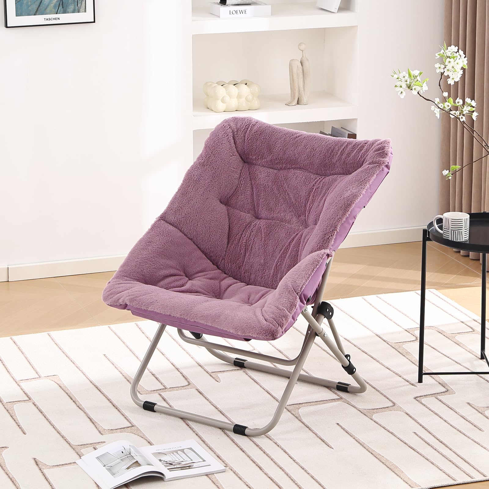 SESHINELL Oversized Saucer Chair | Foldable Faux Fur Moon Chair with Ottoman