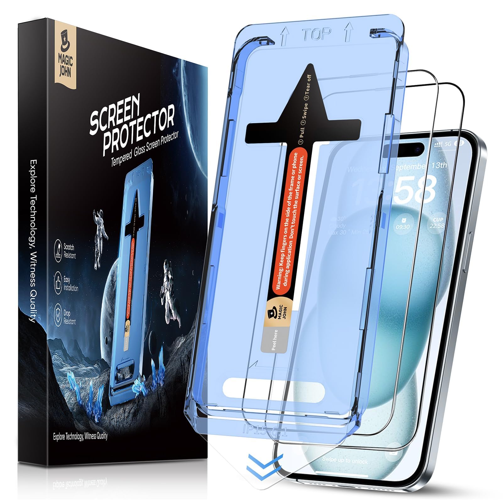MAGIC JOHN iPhone 15 Screen Protector – 2 Pack Tempered Glass HD Clear