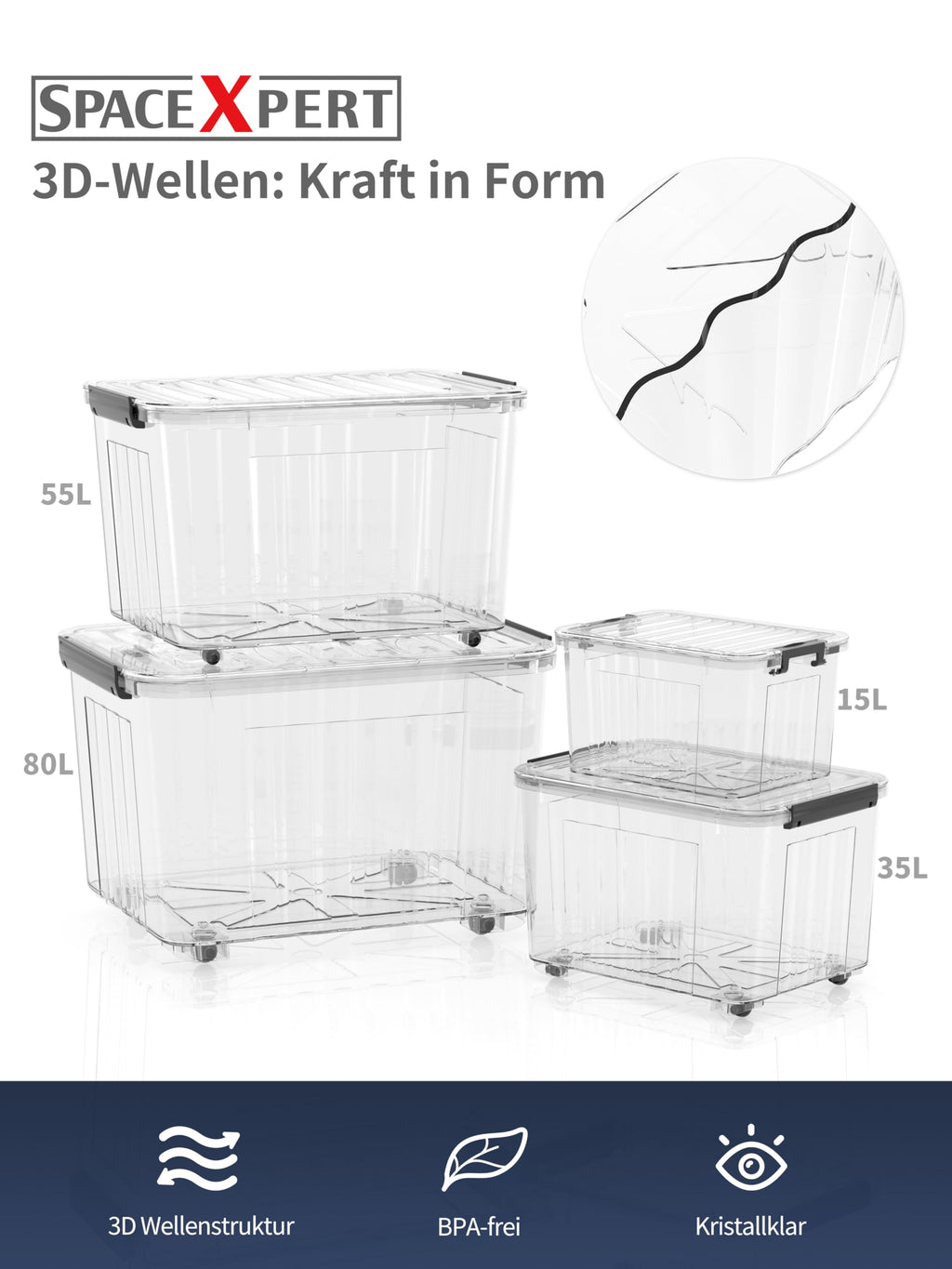 SpaceXpert Plastic Storage Boxes with Lid, Striped Storage Box 15L, Stackable Container for Home Office Accessories, Clear Bins, Polypropylene