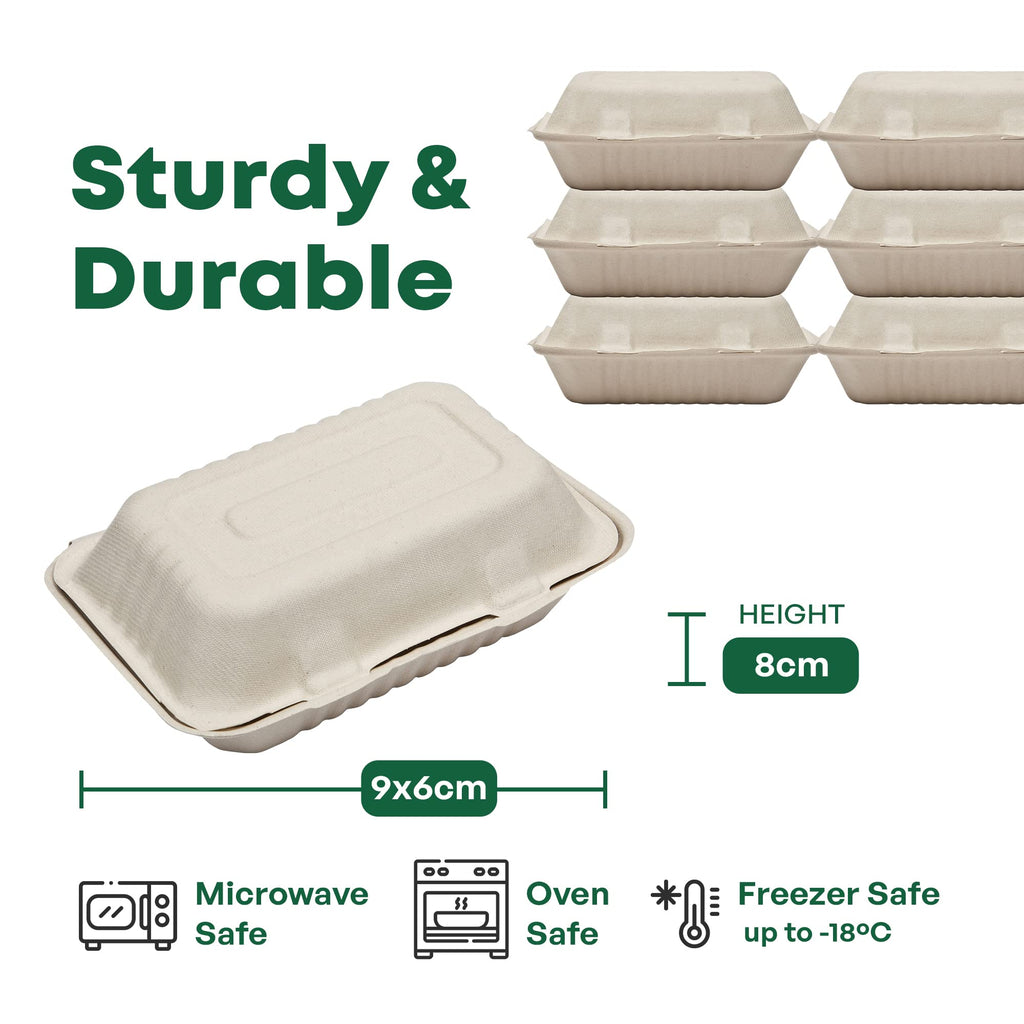 Disposable Green Bagasse Clamshell Food Containers - 125 Pack