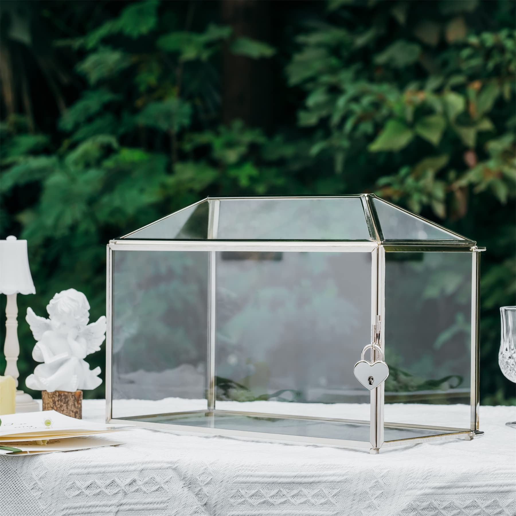 NCYP Silver Glass Wedding Card Box with Lock – Large Geometric Terrarium